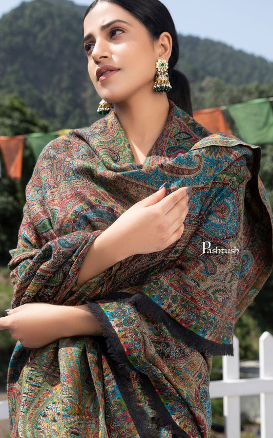 Pashtush India Womens Shawls Pashtush women pure wool, woolmark certified shawl, ethnic weave design, multicolour