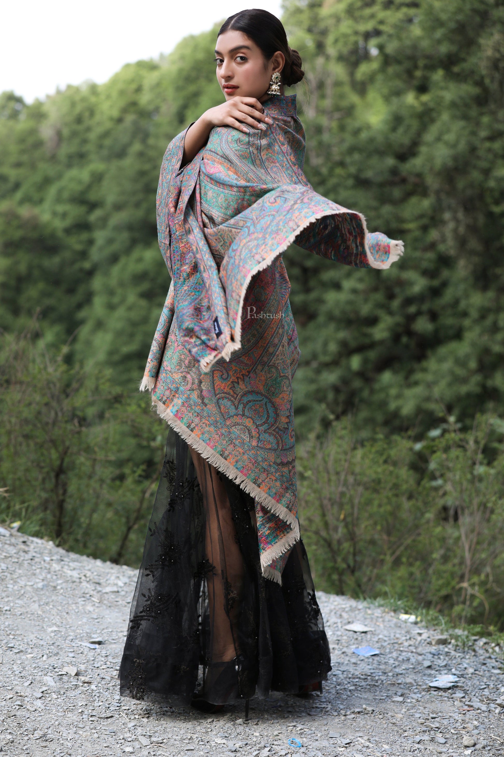 Pashtush India Womens Shawls Pashtush women pure wool, woolmark certified shawl, ethnic weave design, multicolour