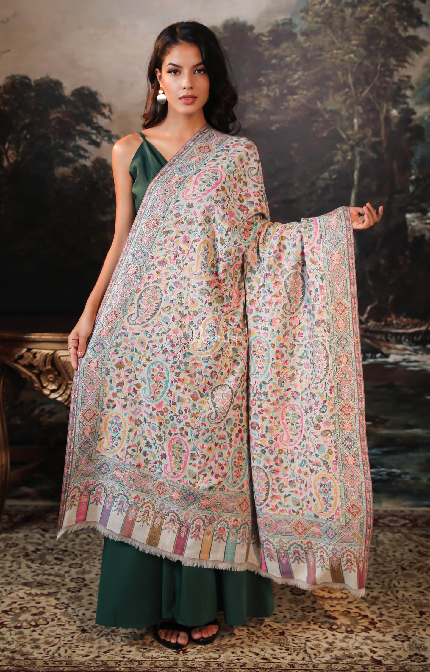 Pashtush India Womens Shawls Pashtush women pure wool, woolmark certified shawl, paisley design, ivory