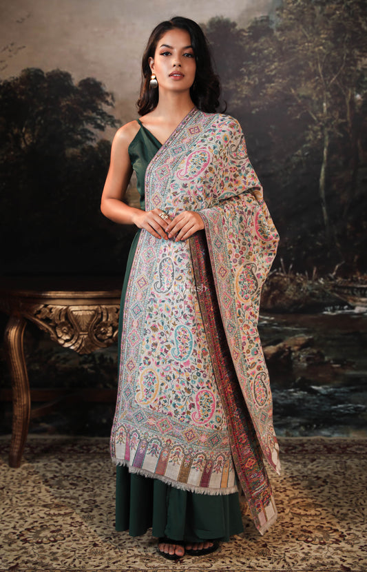 Pashtush India Womens Shawls Pashtush women pure wool, woolmark certified shawl, paisley design, ivory