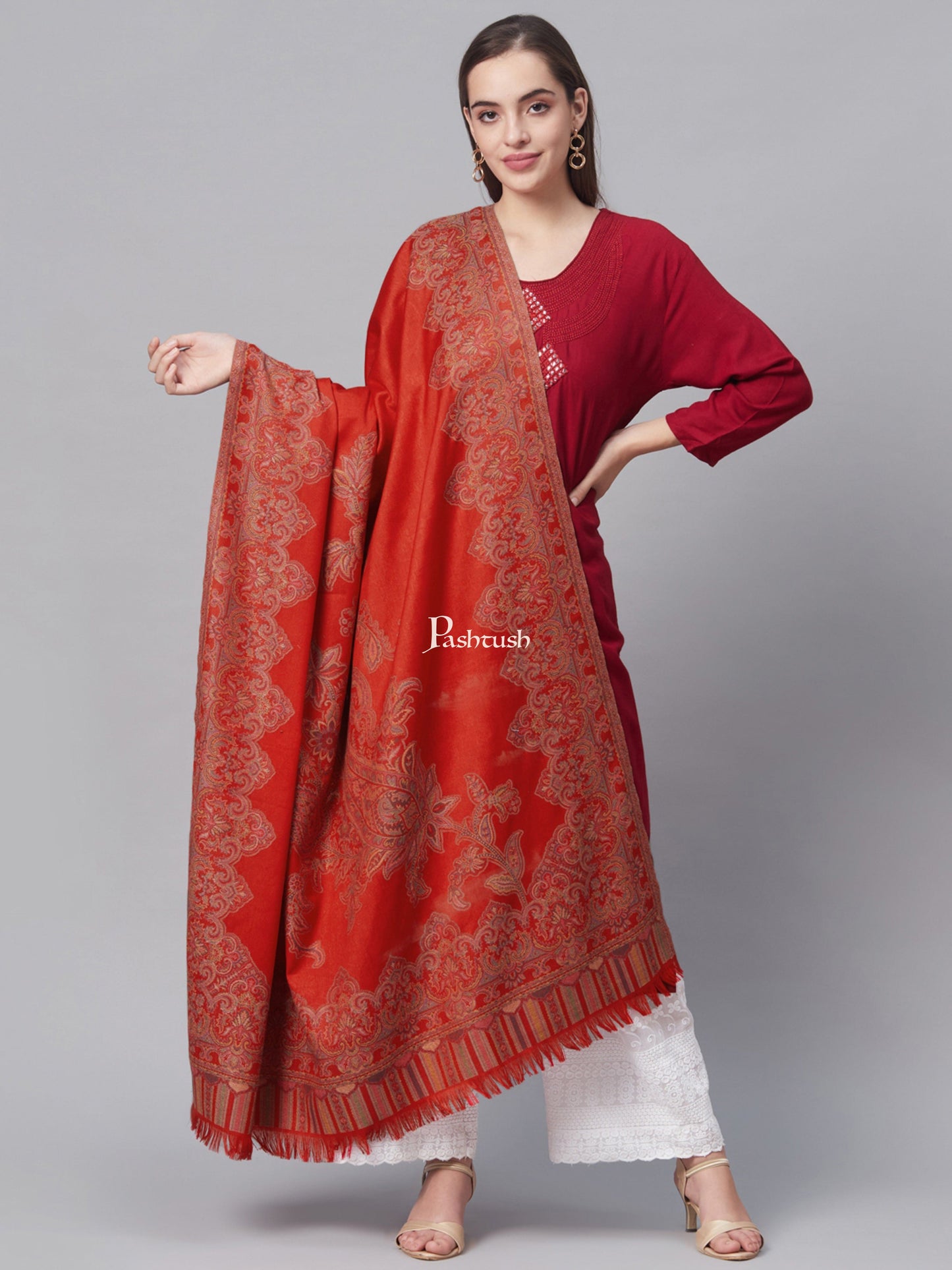 Pashtush India Womens Shawls Pashtush Women Red Ethnic Motifs Woven Design Designer Shawl