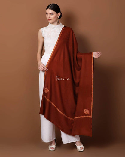 Pashtush India Shawl Pashtush Women's 100% Hand Embroidery Kashmiri Shawl, With Kingri Sozni Embroidery Borderwork - Ferozi
