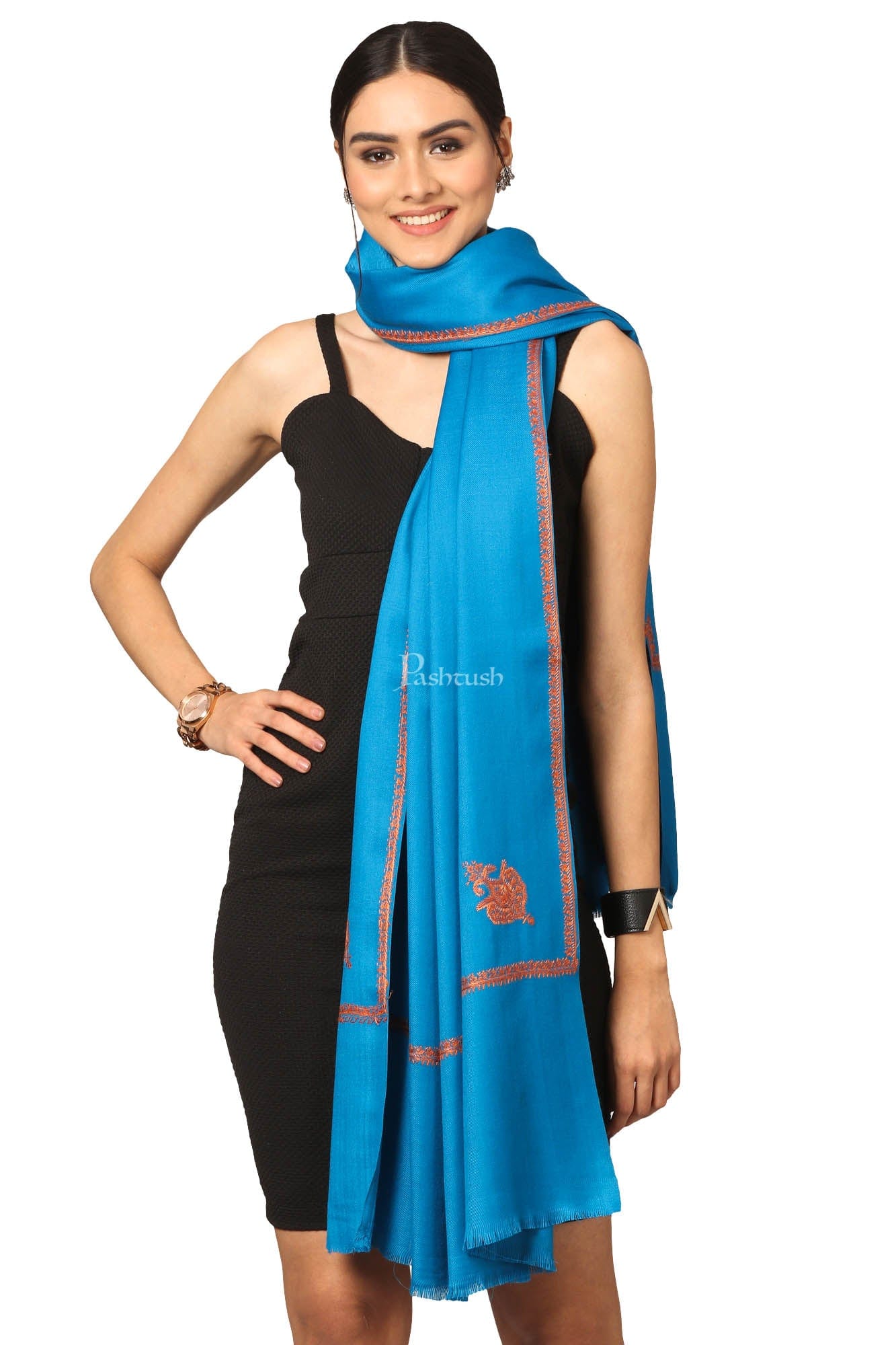 Pashtush India Womens Shawls Pashtush Women'S 100% Hand Embroidery Shawl, With Kingri Fineembroidery Borderwork - Ferozi