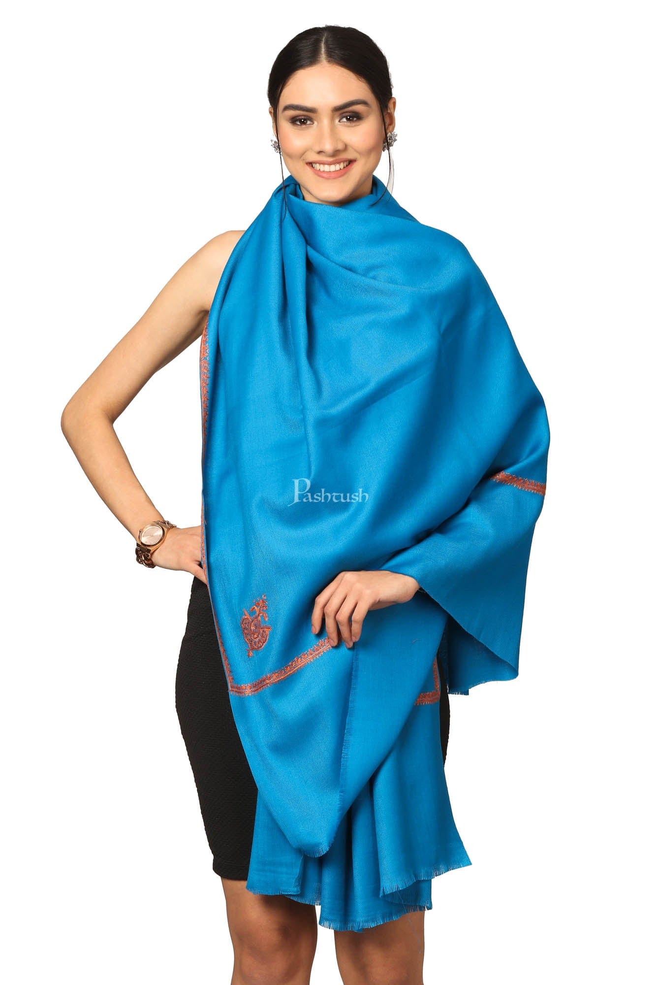 Pashtush India Womens Shawls Pashtush Women'S 100% Hand Embroidery Shawl, With Kingri Fineembroidery Borderwork - Ferozi