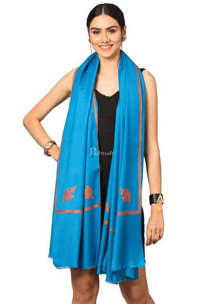 Pashtush India Womens Shawls Pashtush Women'S 100% Hand Embroidery Shawl, With Kingri Fineembroidery Borderwork - Ferozi