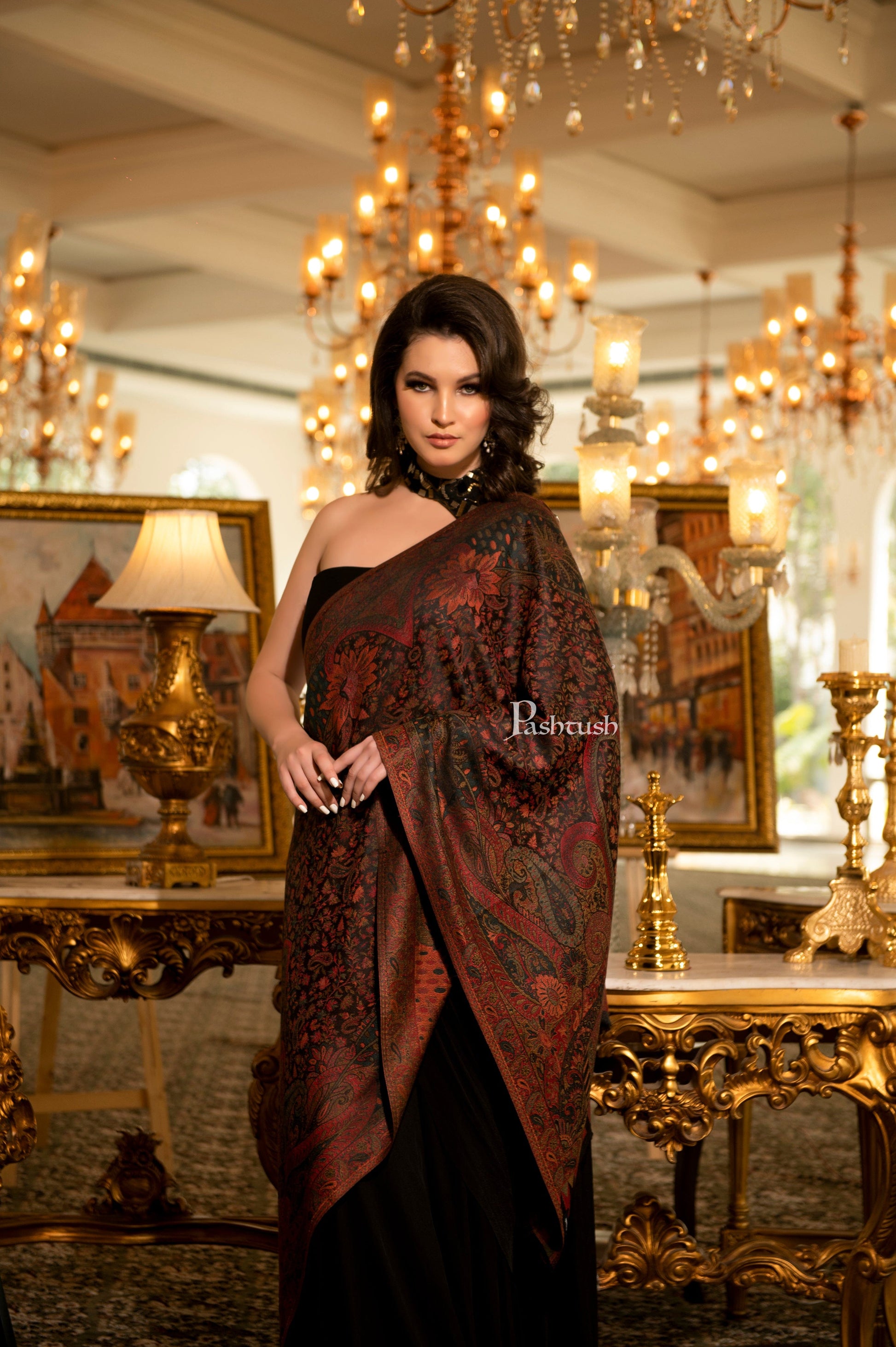 Pashtush India Womens Stoles and Scarves Scarf Pashtush Women's Antique Scarf, Extra Soft Bamboo, Ethnic Weave, Muted Tones