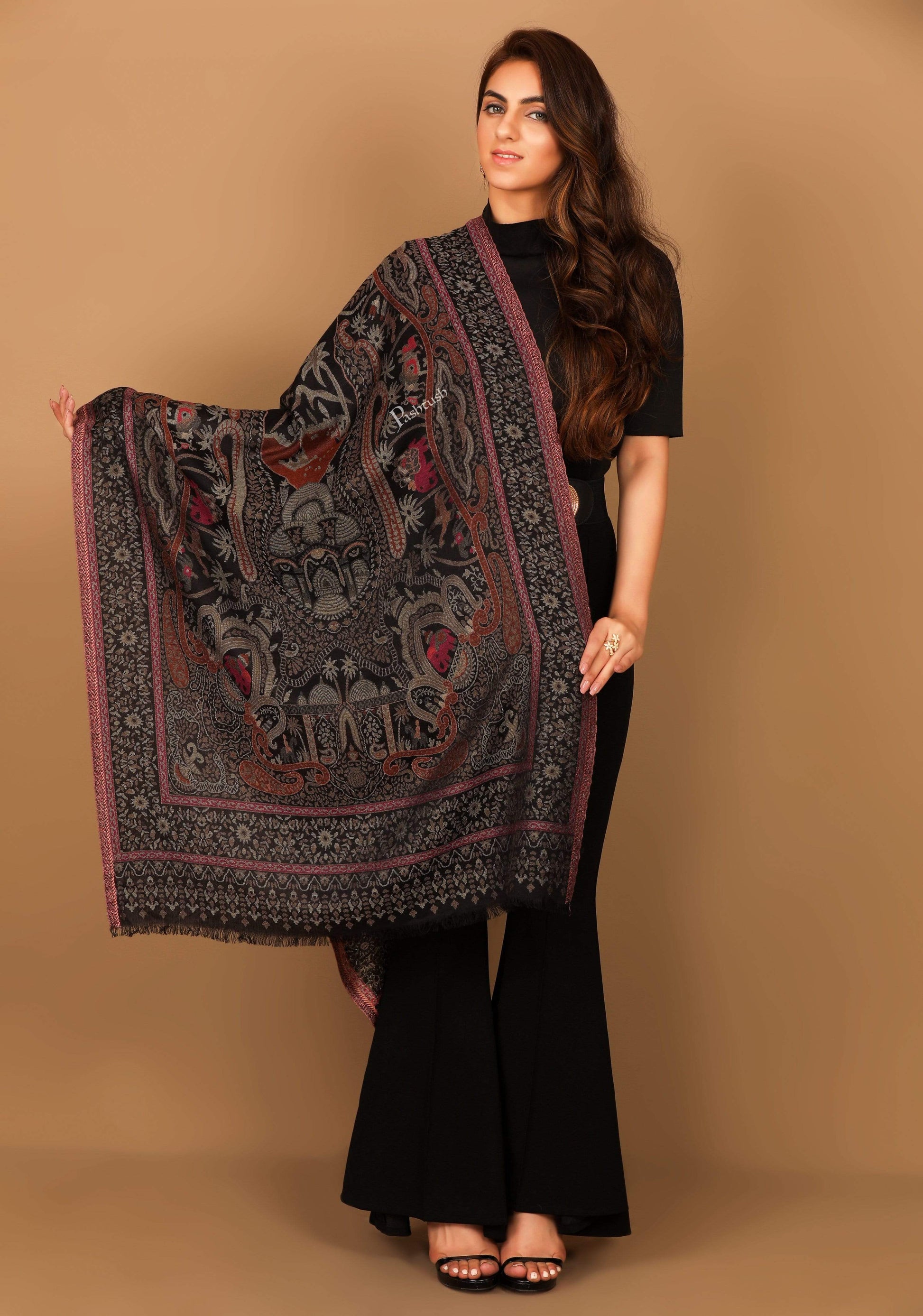 Pashtush Shawl Store Stole Pashtush Women's Antique Scarf, Extra soft Bamboo, Paradise Darbar, Black