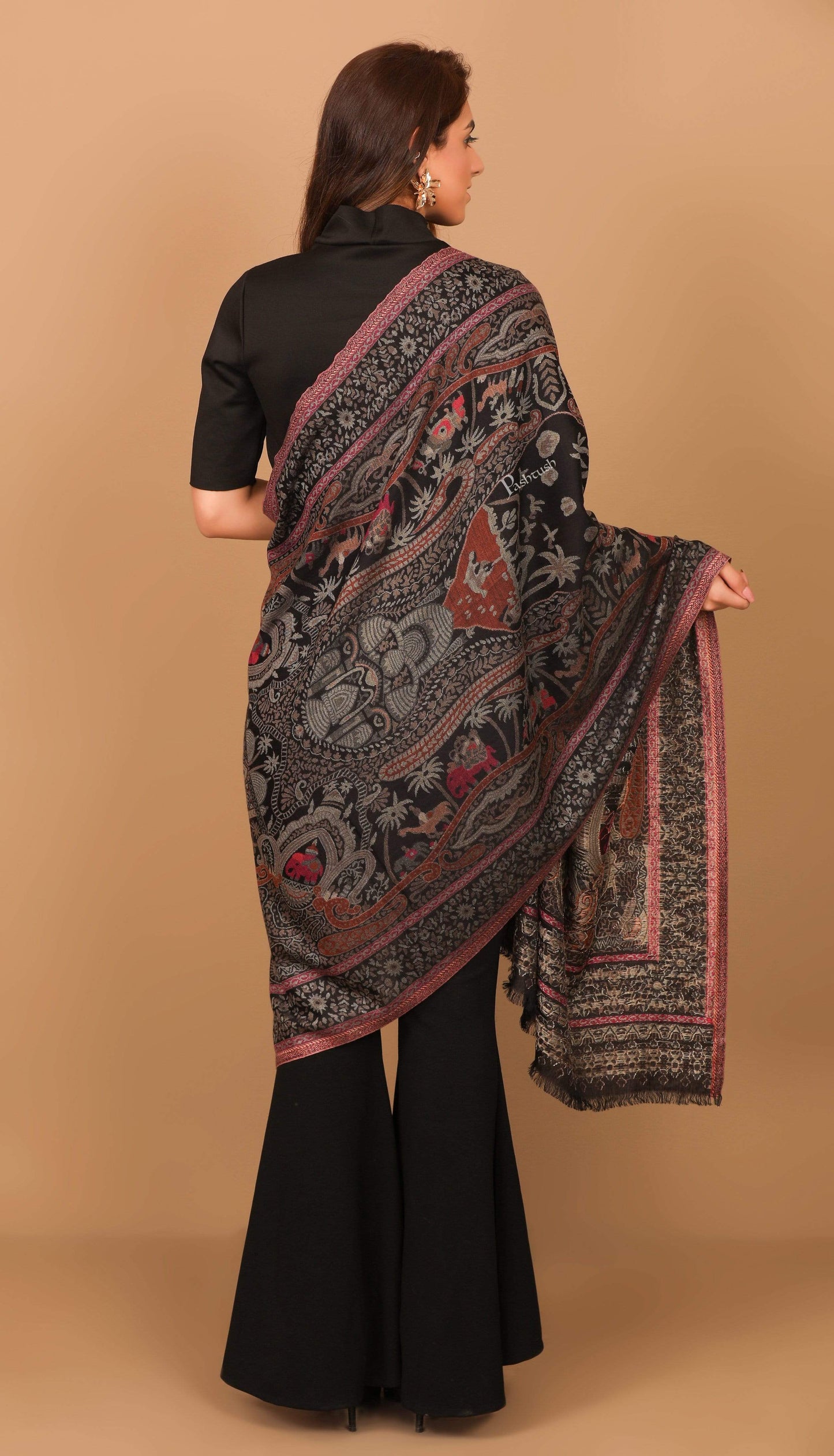 Pashtush Shawl Store Stole Pashtush Women's Antique Scarf, Extra soft Bamboo, Paradise Darbar, Black