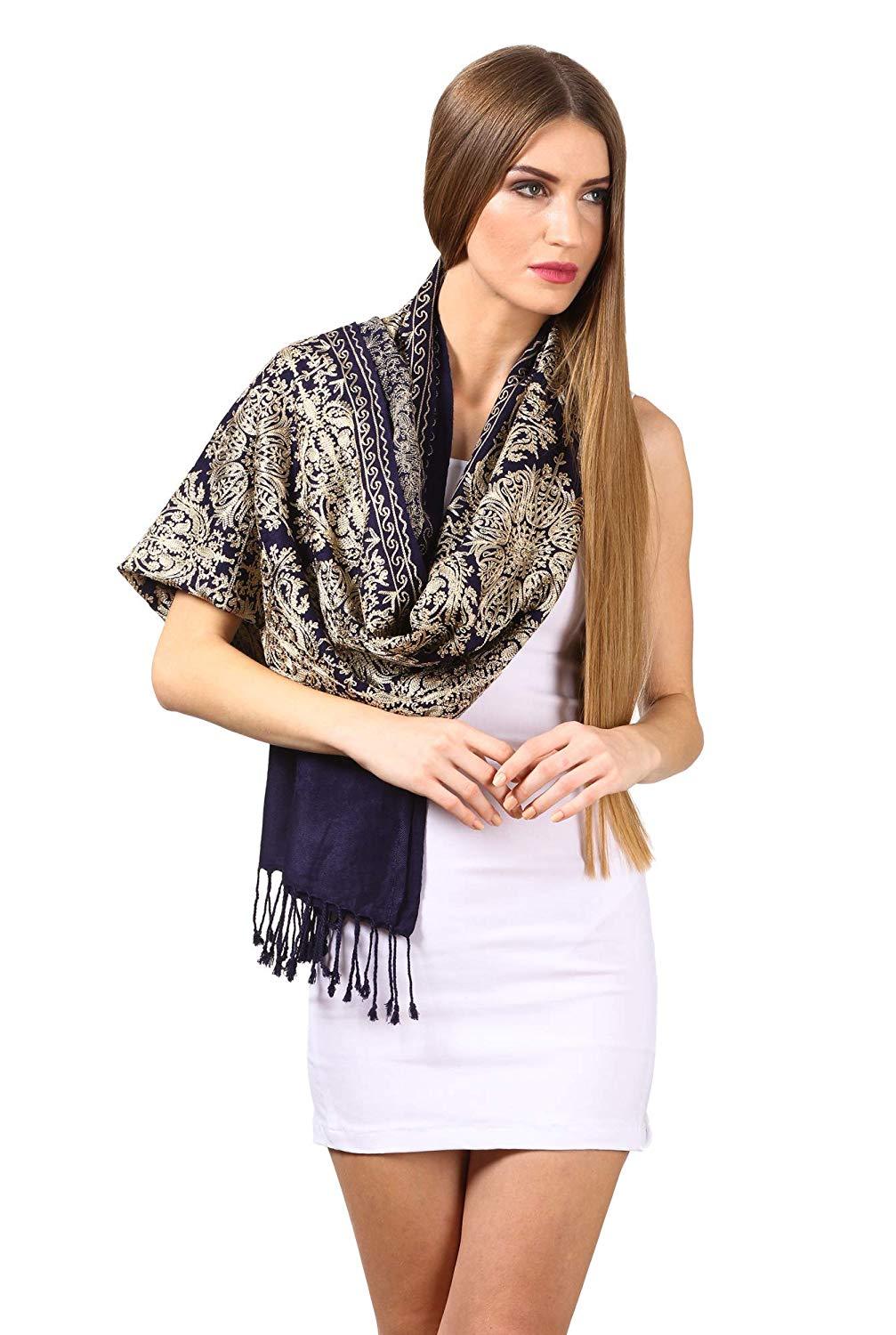 Pashtush India 70x200 Pashtush Women's bamboo Embroidered, Stole, Navy Blue