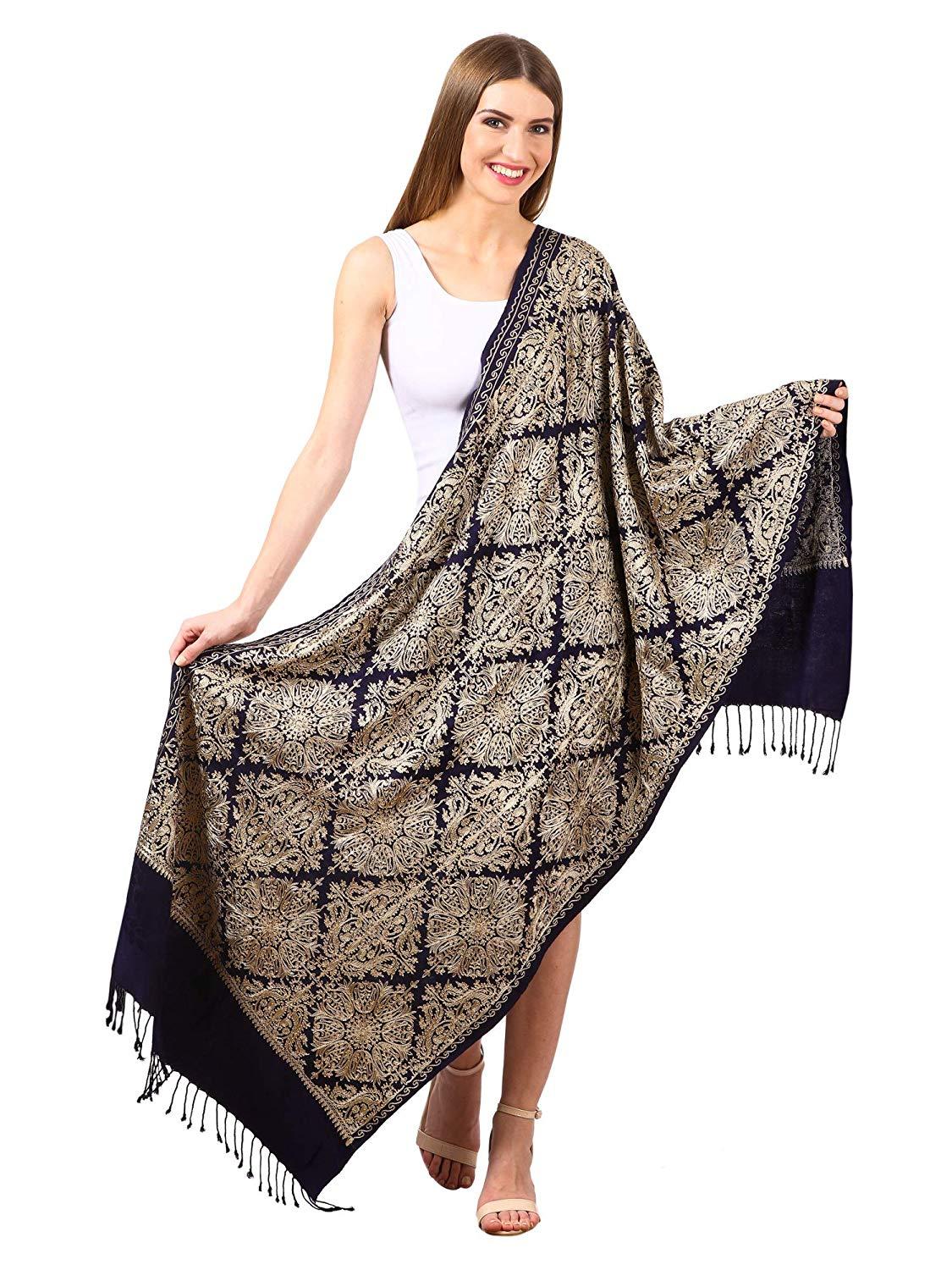 Pashtush India 70x200 Pashtush Women's bamboo Embroidered, Stole, Navy Blue