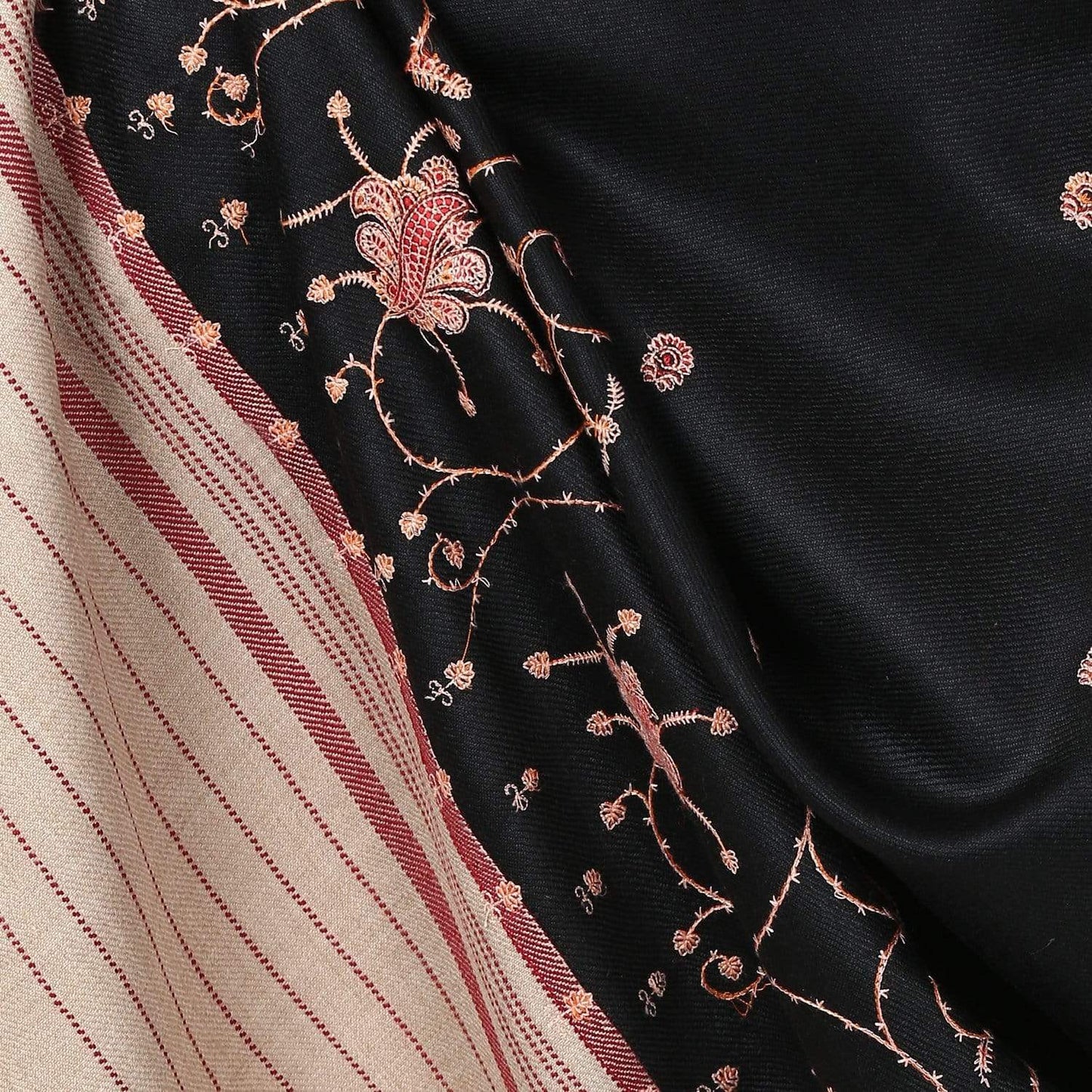 Pashtush Women'S Embroidered Motif Wool Shawl With Palla Black