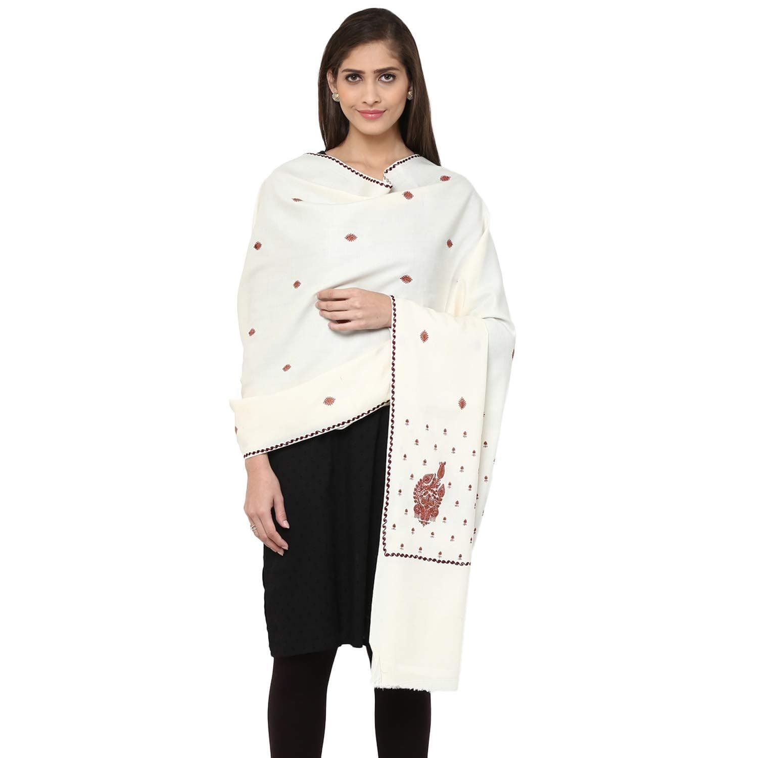 Pashtush India 100x200 Pashtush Women's Embroidery Shawl Fine Wool Kashmiri warm soft shawl white