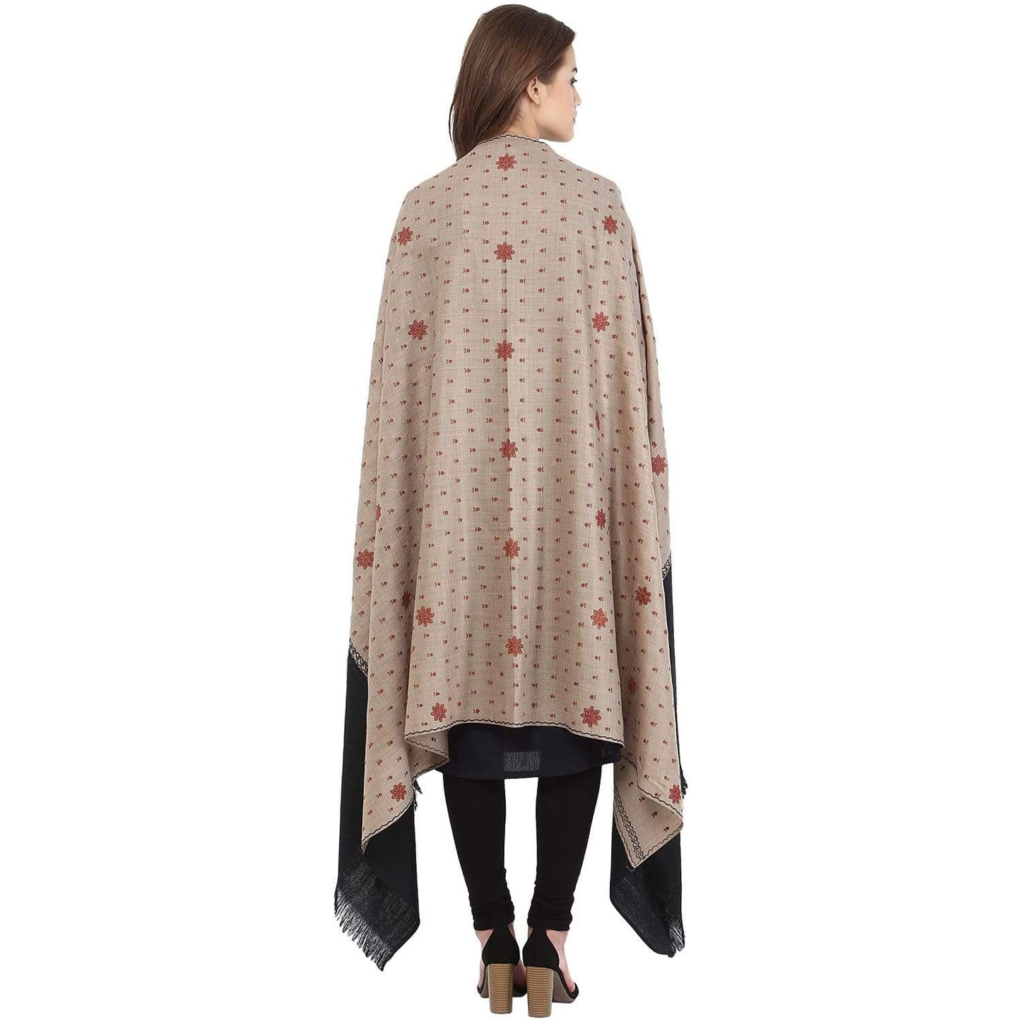 Pashtush Women'S Embroidery Wool Shawl, Beige And Black, Design Shawl
