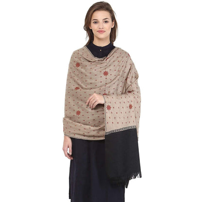 Pashtush Women'S Embroidery Wool Shawl, Beige And Black, Design Shawl