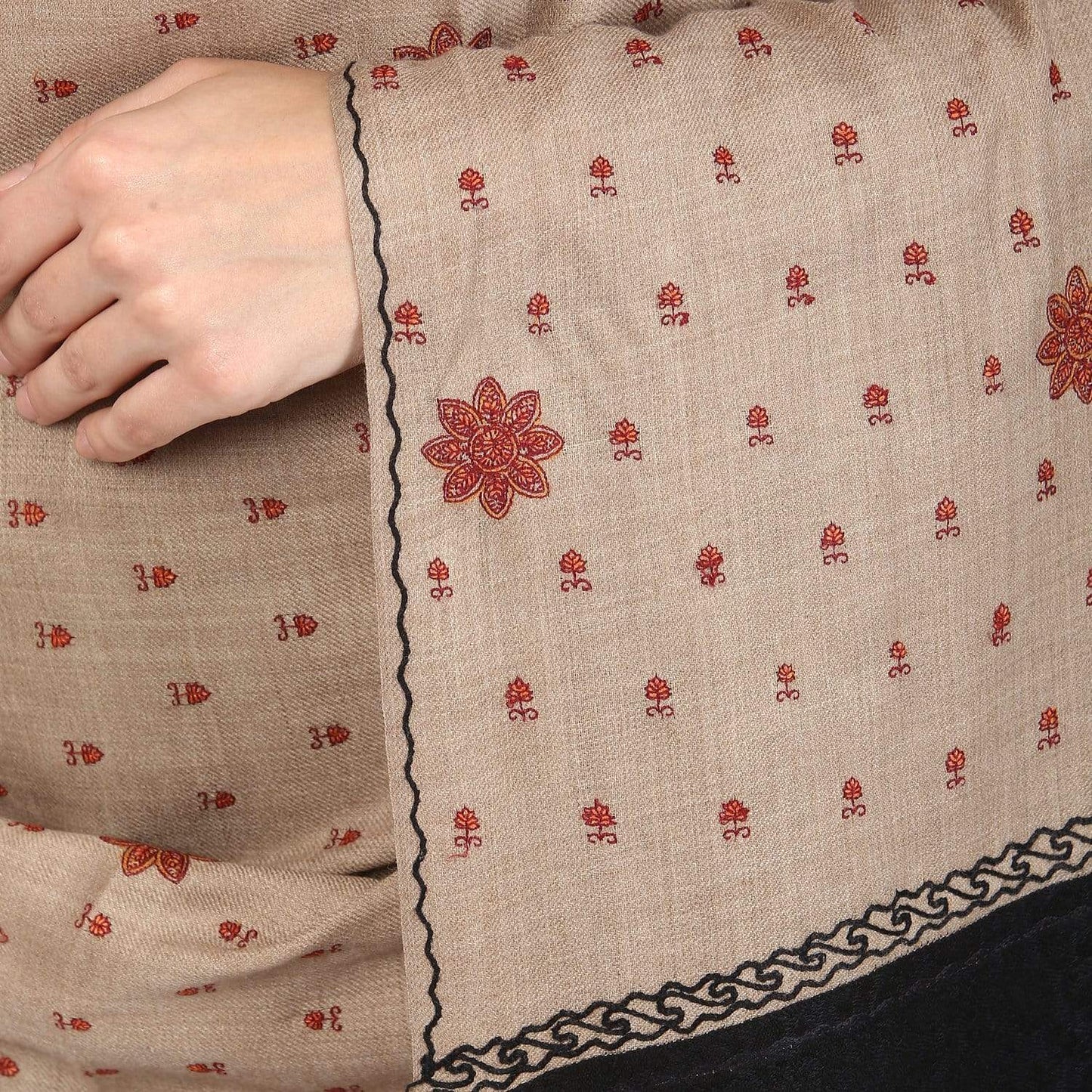 Pashtush Women'S Embroidery Wool Shawl, Beige And Black, Design Shawl