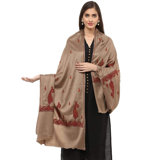 Pashtush Women'S Embroidery Wool Shawl, Beige With Palla Embroidery Paisley Design