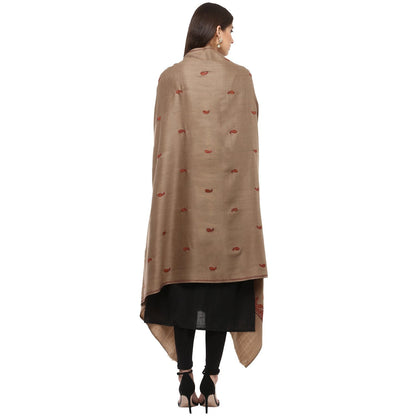 Pashtush Women'S Embroidery Wool Shawl, Beige With Palla Embroidery Paisley Design
