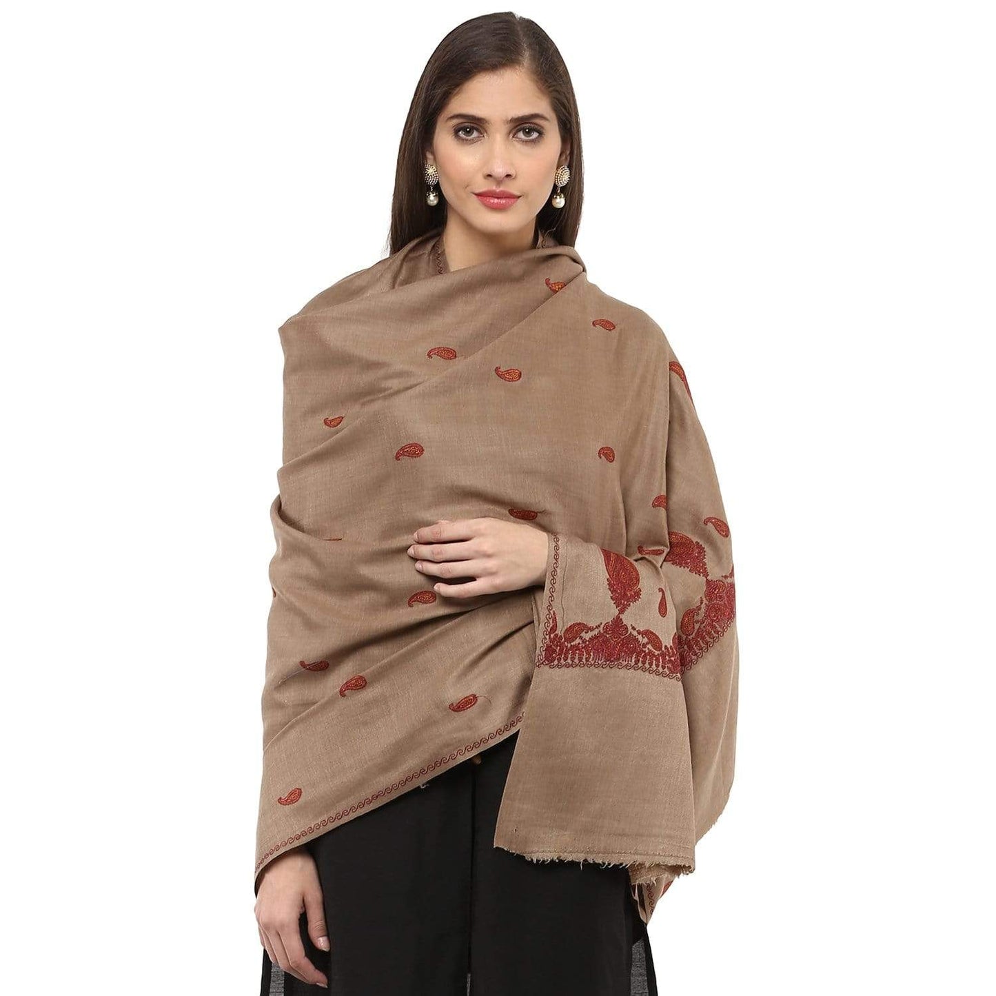 Pashtush Women'S Embroidery Wool Shawl, Beige With Palla Embroidery Paisley Design