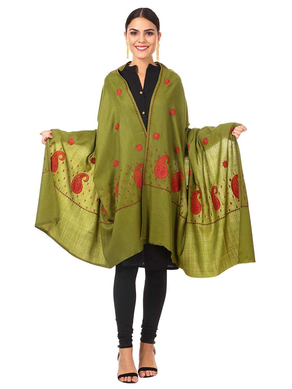 Pashtush Women'S Embroidery Wool With Palla Embroidery Paisley Design Olive Green