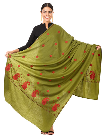 Pashtush Women'S Embroidery Wool With Palla Embroidery Paisley Design Olive Green