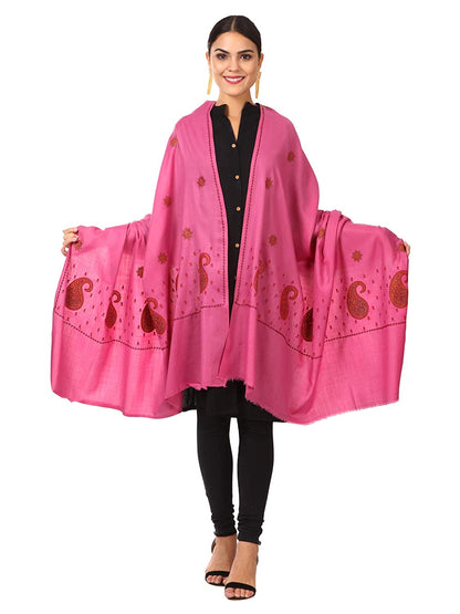 Pashtush India 100x200 Pashtush Women's Embroidery Wool with Palla Embroidery Paisley Design Pink