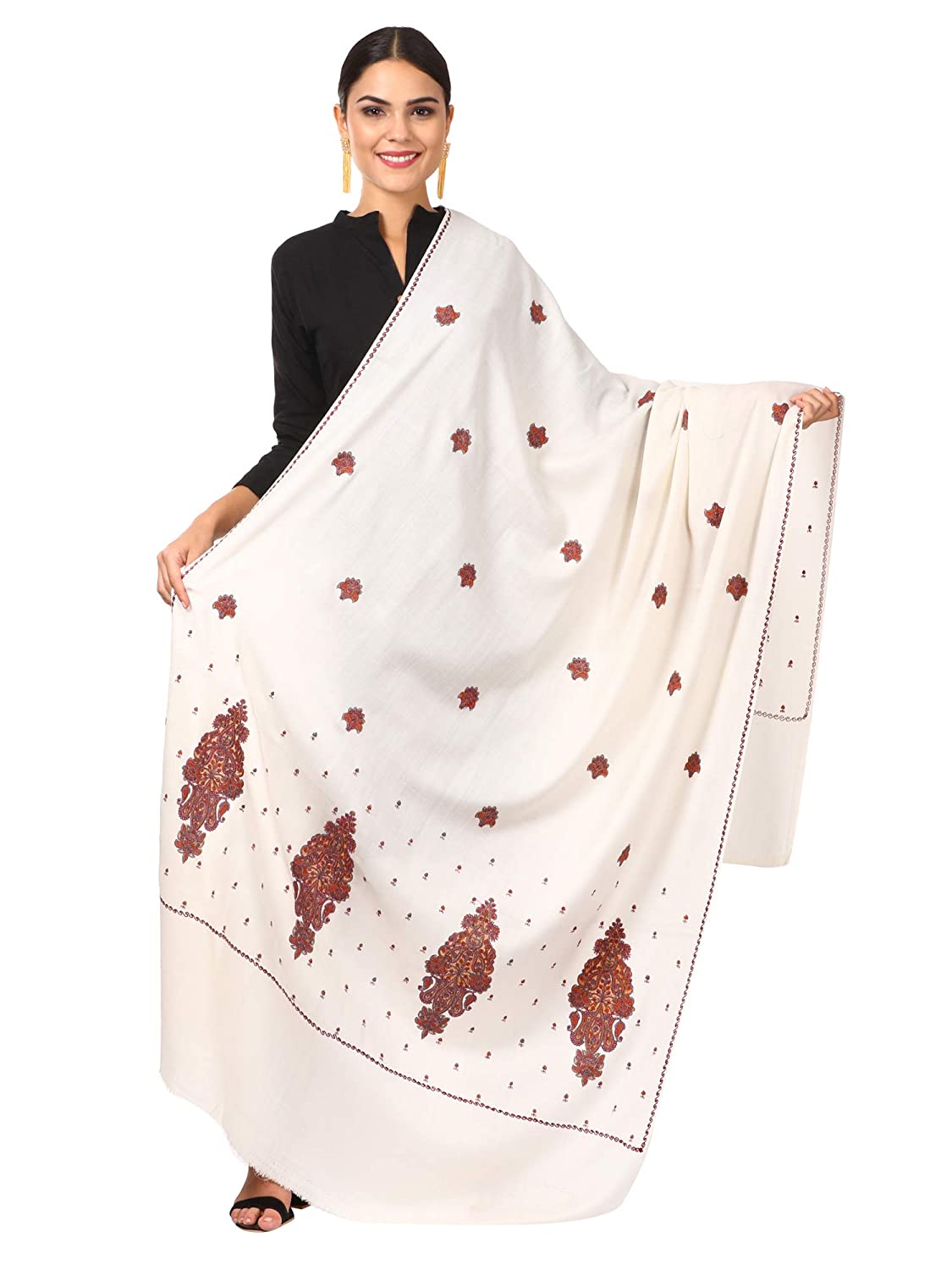 Pashtush Women'S Embroidery Wool With Palla Embroidery Paisley Design White