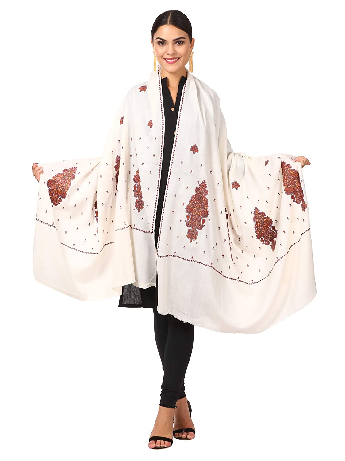 Pashtush Women'S Embroidery Wool With Palla Embroidery Paisley Design White