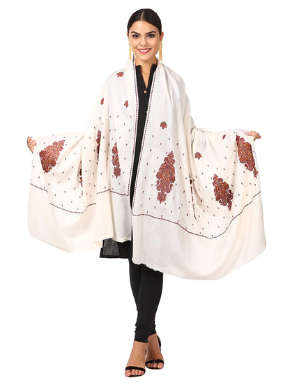 Pashtush Women'S Embroidery Wool With Palla Embroidery Paisley Design White