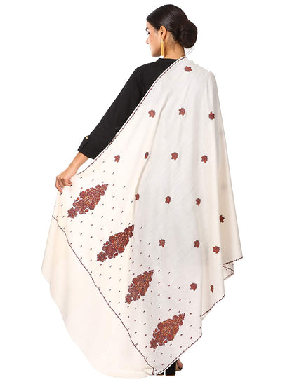 Pashtush Women'S Embroidery Wool With Palla Embroidery Paisley Design White