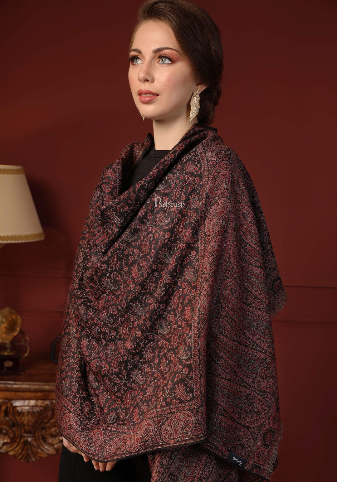 Pashtush His and Her Gift Set of Fine Wool Shawl and Stole, Black and Multicoloured, Packaged in Keepsake Wooden Chester Gift Box