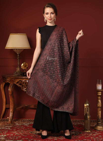 Pashtush His and Her Gift Set of Fine Wool Shawl and Stole, Black and Multicoloured, Packaged in Keepsake Wooden Chester Gift Box
