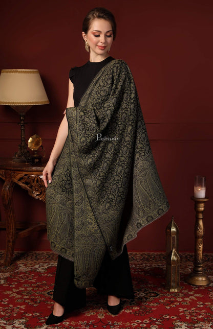 Pashtush India 70x200 Pashtush Women's Ethnic Weave Stole, Fine Wool, Reversible, Olive Green