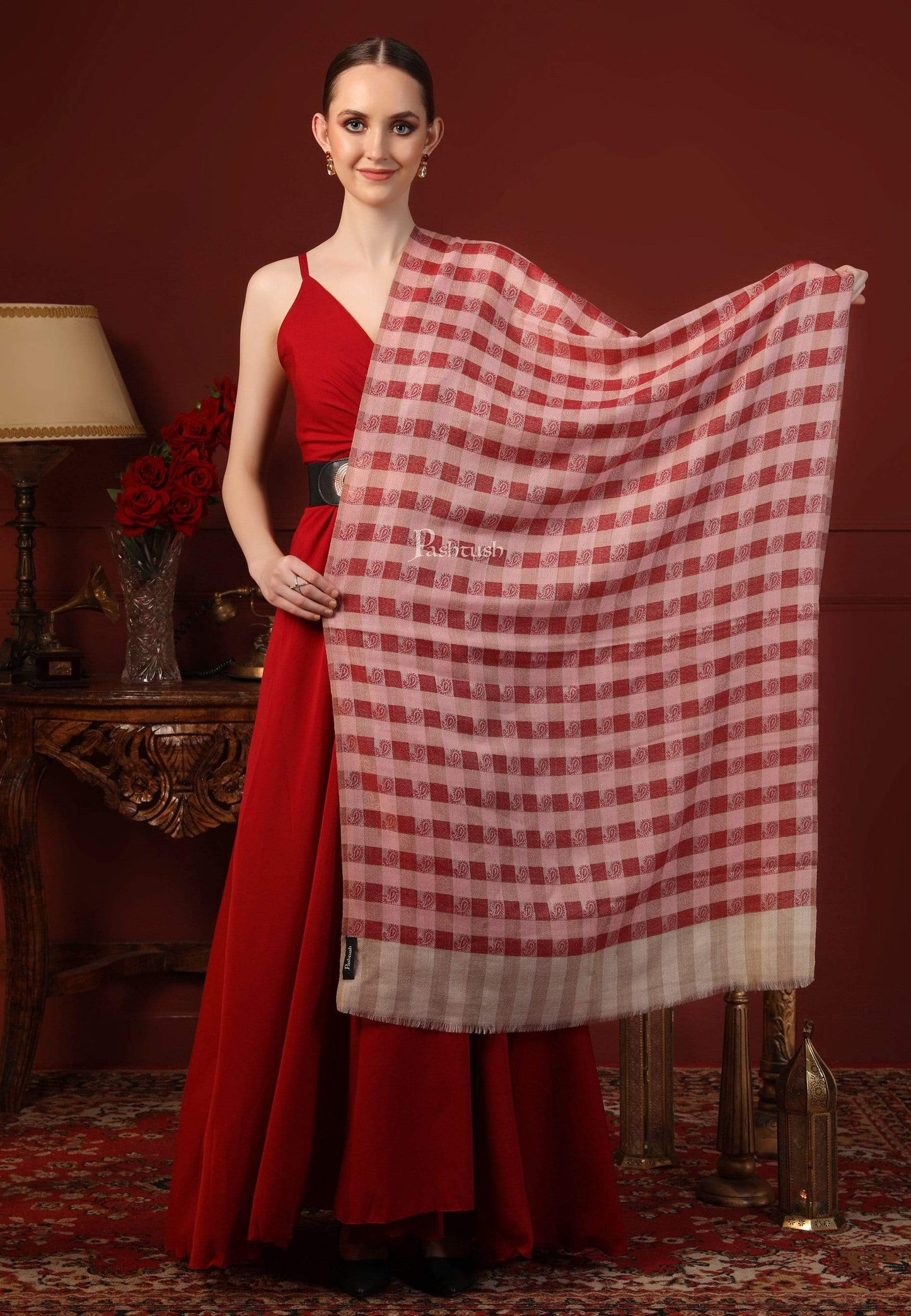 Pashtush India 70x200 Pashtush Women’s Extra Fine Soft Wool Checkered Stole, Beige And Maroon