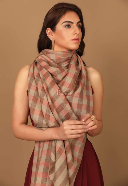 Pashtush Store Stole Pashtush Women’s Extra Fine Soft Wool Checkered stole, Beige and Peach