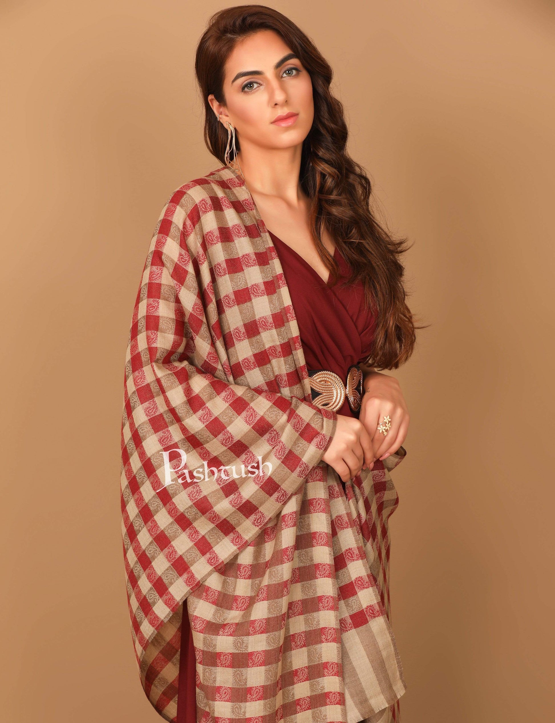 Pashtush Store Stole Pashtush Women’s Extra Fine Soft Wool Checkered stole, Beige and Red