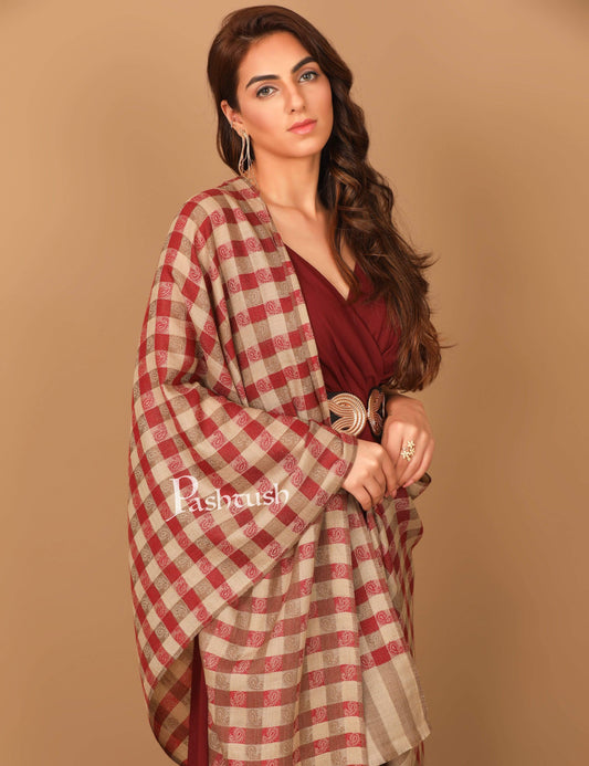 Pashtush Store Stole Pashtush Women’s Extra Fine Soft Wool Checkered stole, Beige and Red
