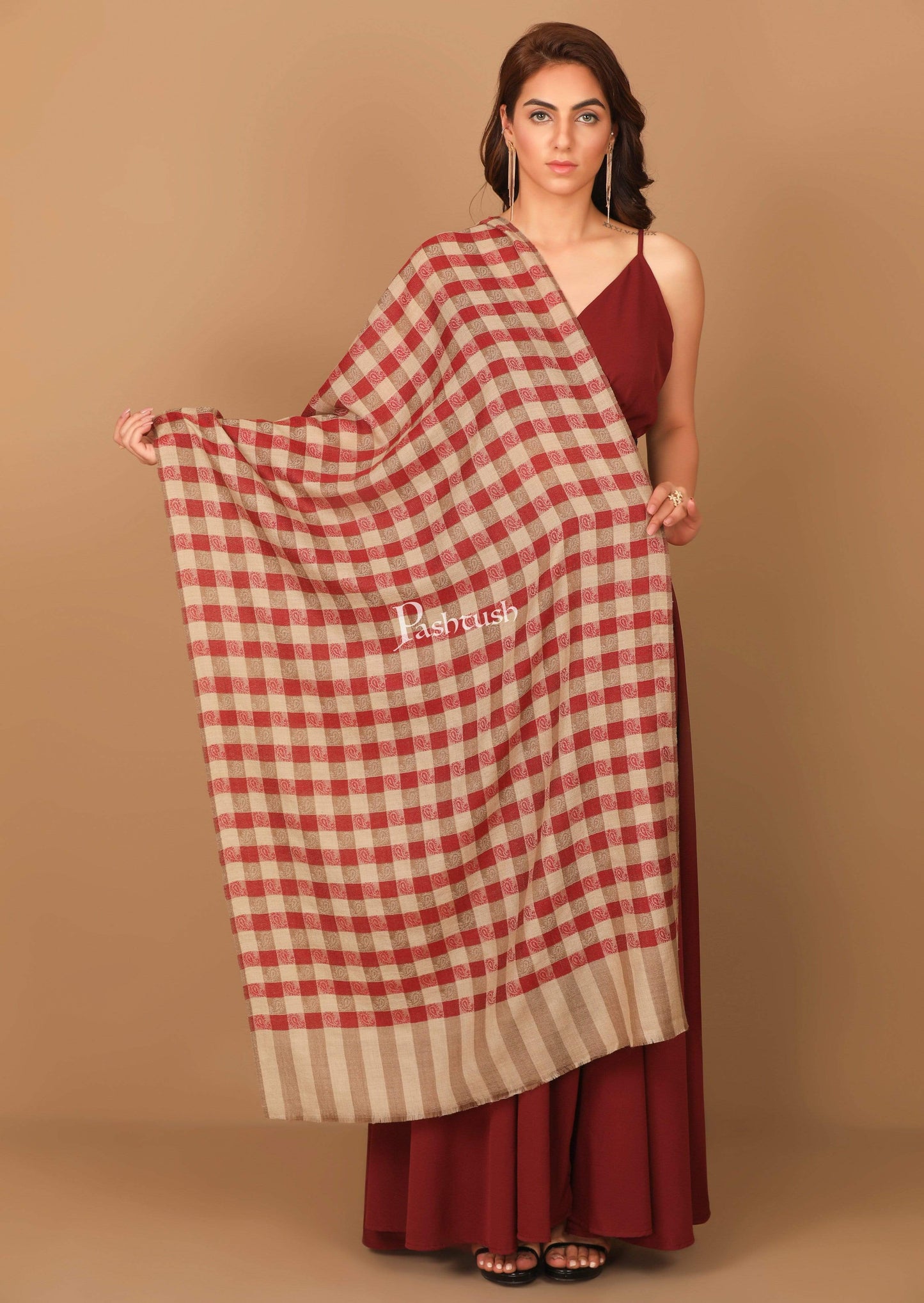 Pashtush Store Stole Pashtush Women’s Extra Fine Soft Wool Checkered stole, Beige and Red