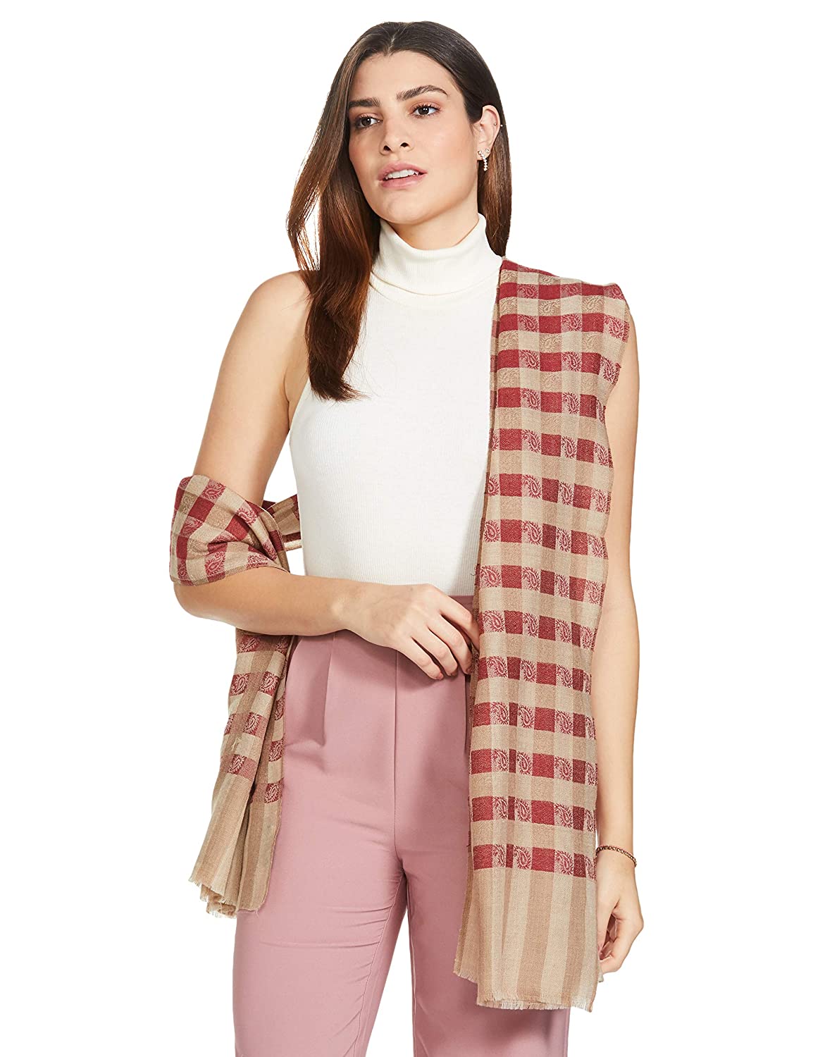 Pashtush India 70x200 Pashtush Women’s Extra Fine Soft Wool Checkered stole, Beige and Red