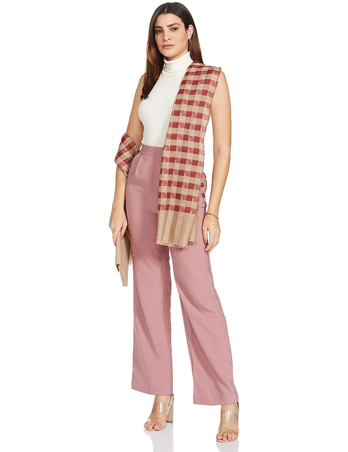 Pashtush India 70x200 Pashtush Women’s Extra Fine Soft Wool Checkered stole, Beige and Red