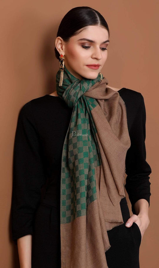 Pashtush India 70x200 Pashtush Women‚Äôs Extra Fine Soft Wool Checkered stole, Green and Taupe