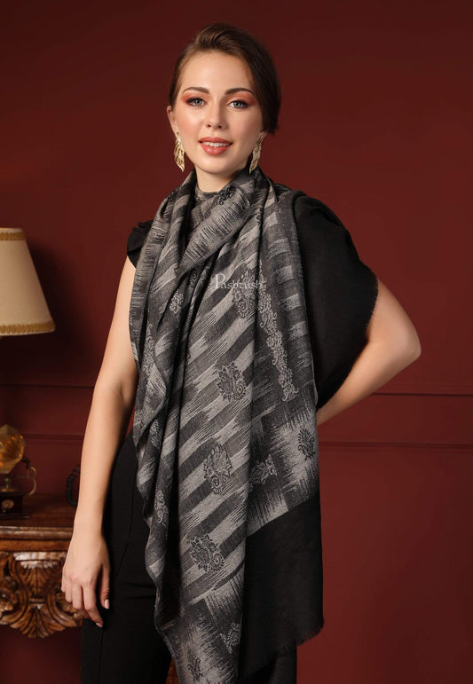 Pashtush India 70x200 Pashtush Women's Fine Wool Ikkat Design, Stole, Black and Grey