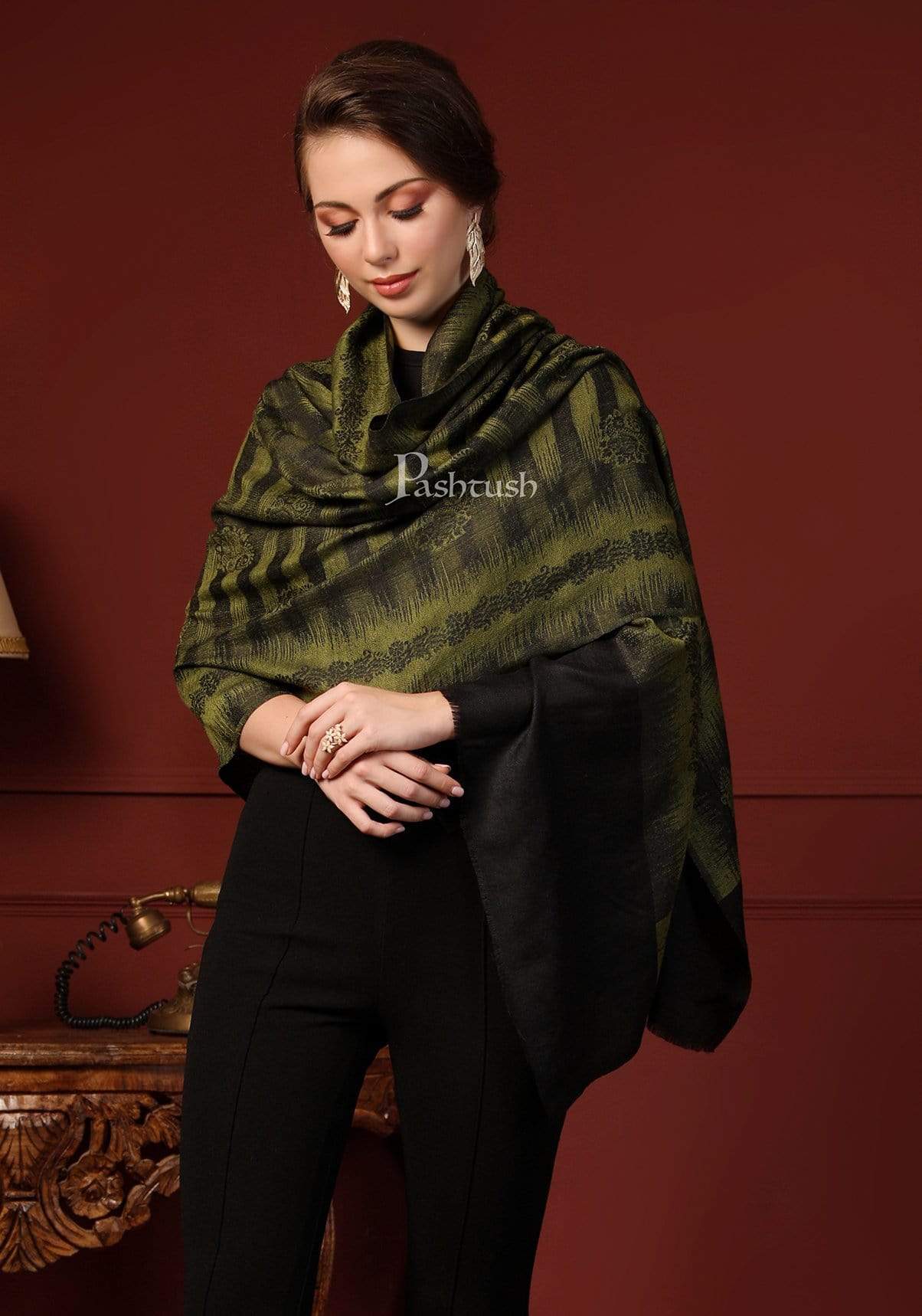 Pashtush India 70x200 Pashtush Women's Fine Wool Ikkat Design, Stole, Emerald Green