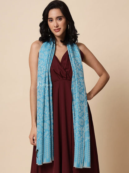 Pashtush India Womens Stoles and Scarves Scarf Pashtush Women's Fine Wool, Reversible Floral Scarf, Soft And Warm, Arctic Blue