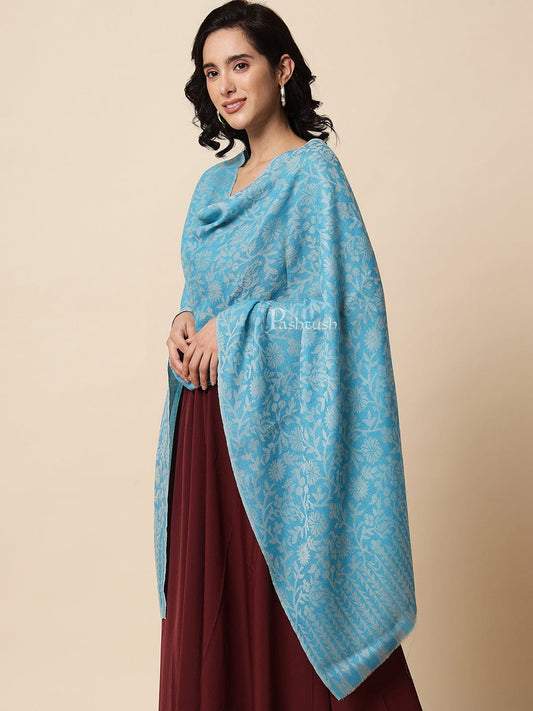 Pashtush India Womens Stoles and Scarves Scarf Pashtush Women's Fine Wool, Reversible Floral Scarf, Soft And Warm, Arctic Blue