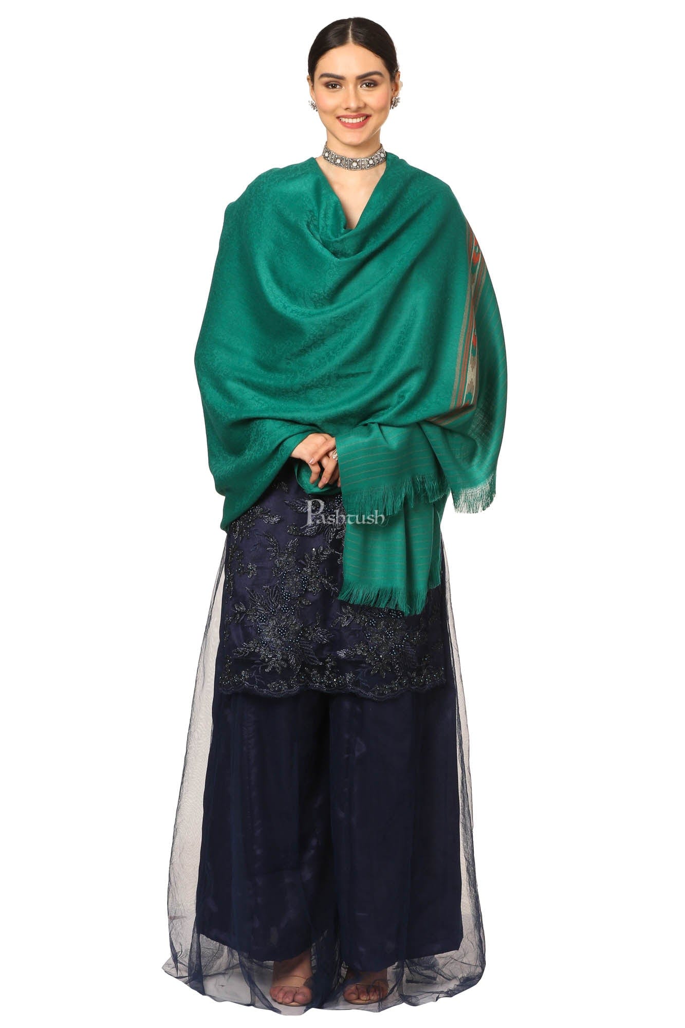 Pashtush India Womens Shawls Pashtush Women'S Fine Wool Shawl, Soft And Warm, Aztec Design, Jacquard Weave - Bottle Green