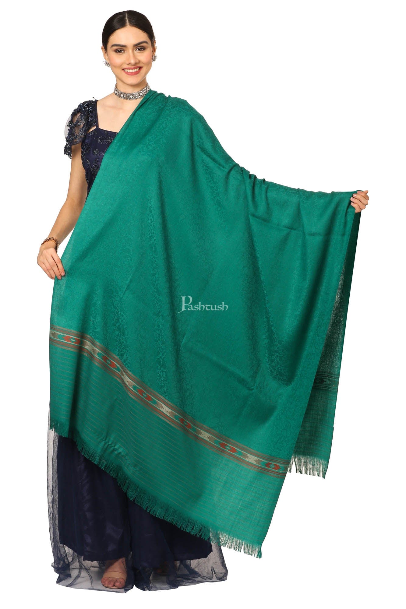 Pashtush India Womens Shawls Pashtush Women'S Fine Wool Shawl, Soft And Warm, Aztec Design, Jacquard Weave - Bottle Green