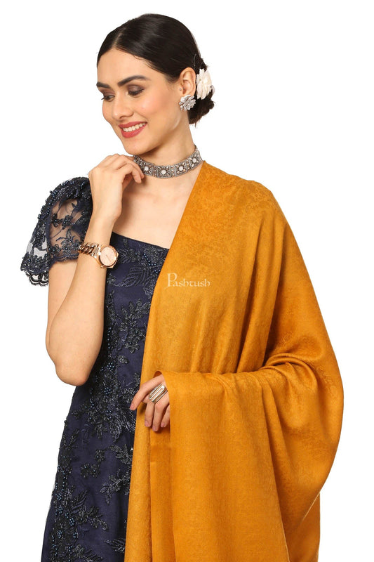 Pashtush India Womens Shawls Pashtush Women'S Fine Wool Shawl, Soft And Warm, Aztec Design, Jacquard Weave - Palla Mustard