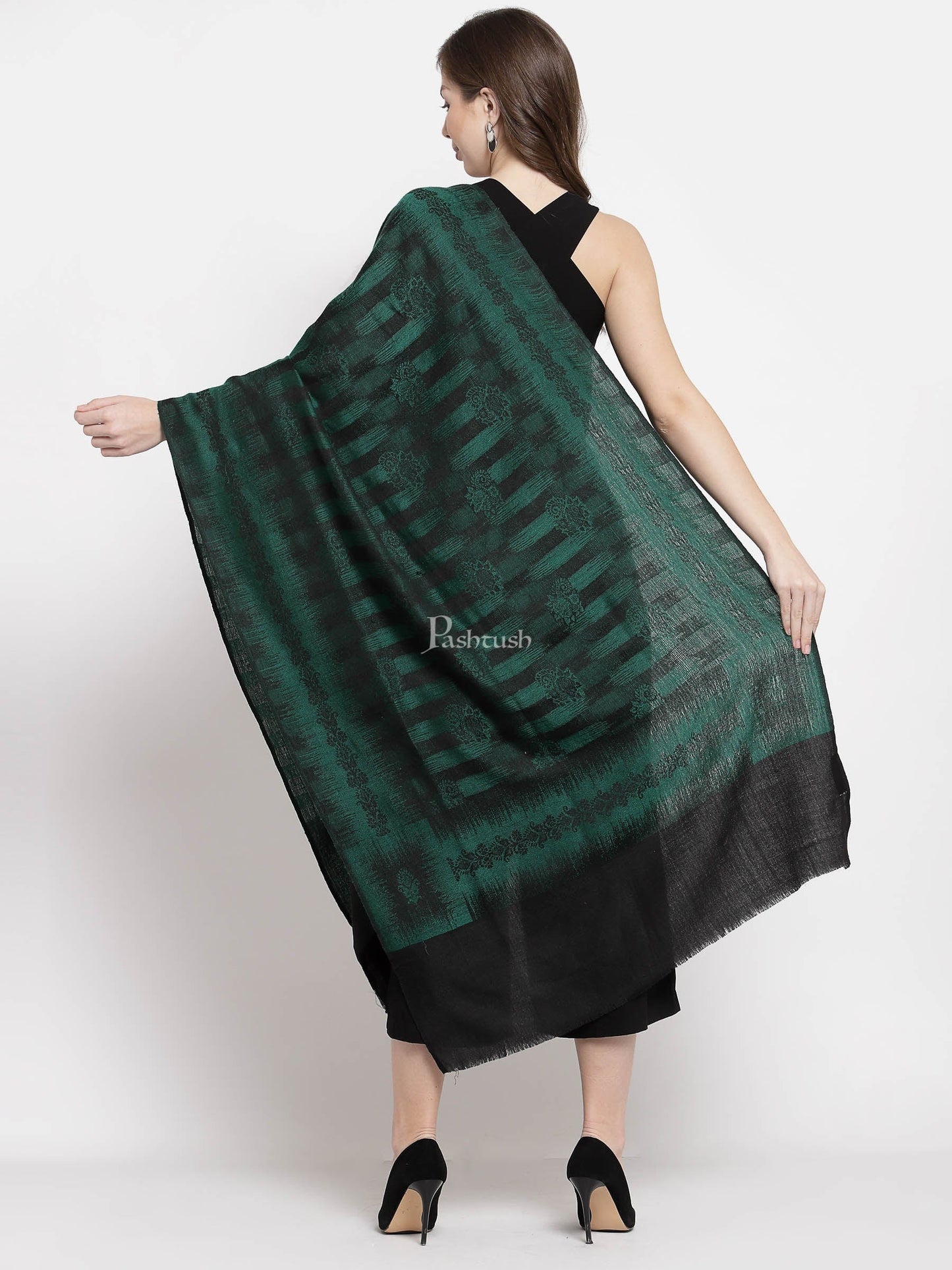 Pashtush India Womens Stoles and Scarves Scarf Pashtush Women'S Fine Wool Stole, Ikkat Design, Azure Green