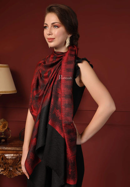 Pashtush India 70x200 Pashtush Women's Fine Wool Stole, Ikkat Design, Maroon and Black