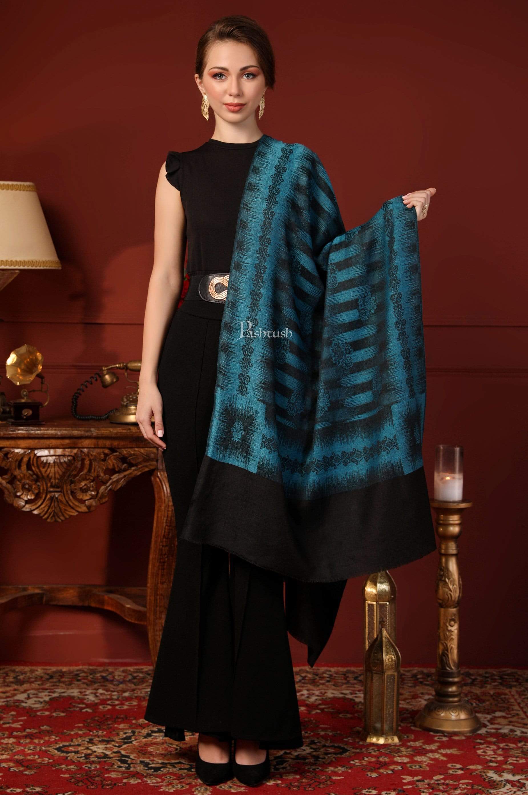 Pashtush India 70x200 Pashtush Women's Fine Wool Stole, Ikkat Design, Pacific Blue